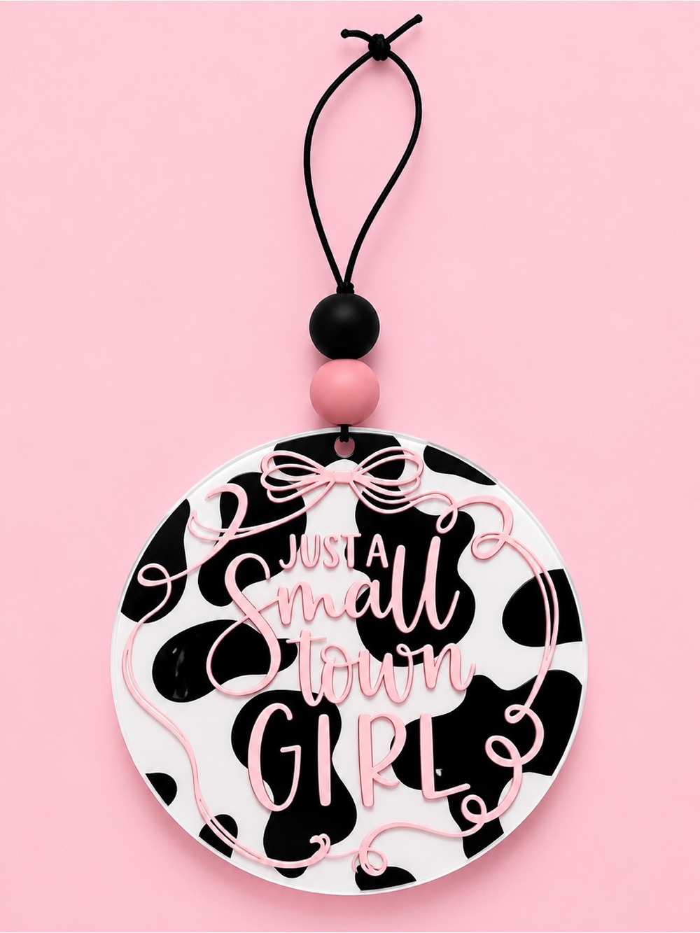 Just A Small Town Girl Rearview Car Charm - Pink & Black Cow Print 4in